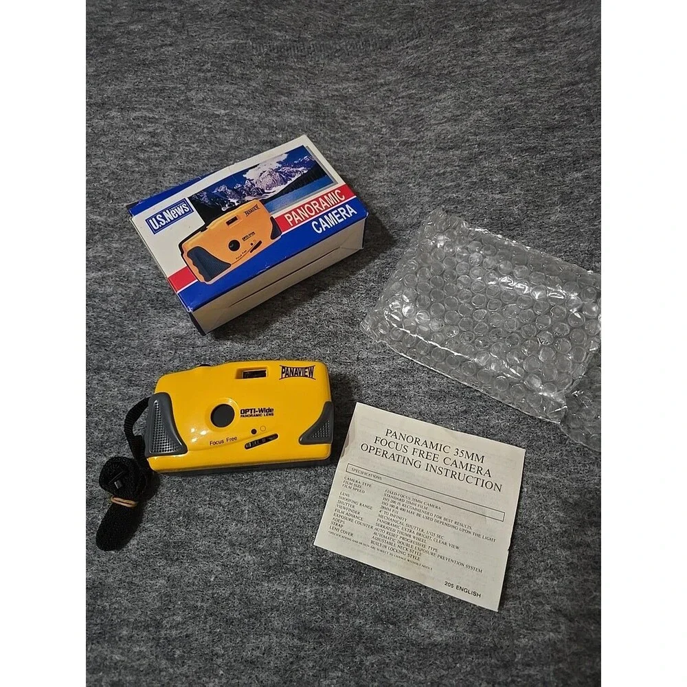 Vintage Panoramic 35mm Film Camera Panaview Opti Wide w Box Retro Yellow